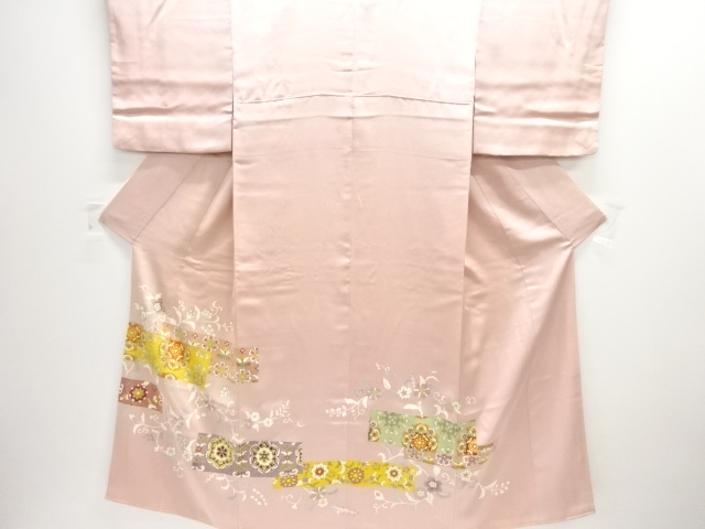 JAPANESE KIMONO / IRO TOMESODE / SILK / EMBROIDERY / STRIPE & FLORAL CREST & CHINESE FLOWERS